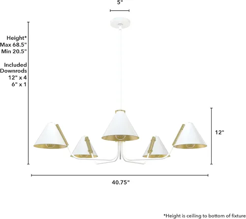 Vista 6 de Hunter - Lámpara de araña Grove Isle de 5 luces, color blanco mate, estilo moderno, regulable, extra grande para dormitorios, cocinas, comedor, Mate