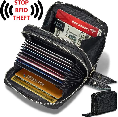 Vista 2 de Cartera de piel auténtica para mujer, con cremallera espaciosa y segura, para tarjeta ..., negro