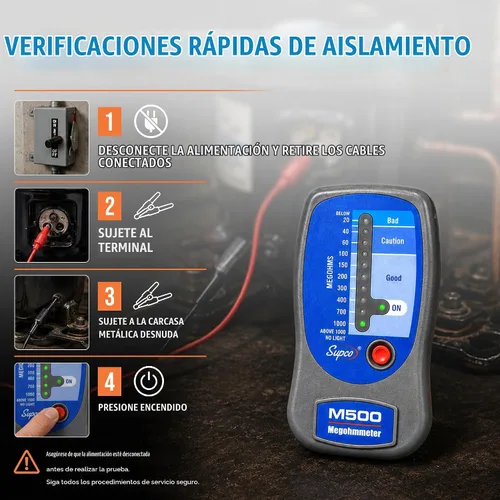 Vista 5 de Supco M500, medidor de aislamiento, megóhmetro electrónico con estuche suave portátil, de 0 a 1000 megohms