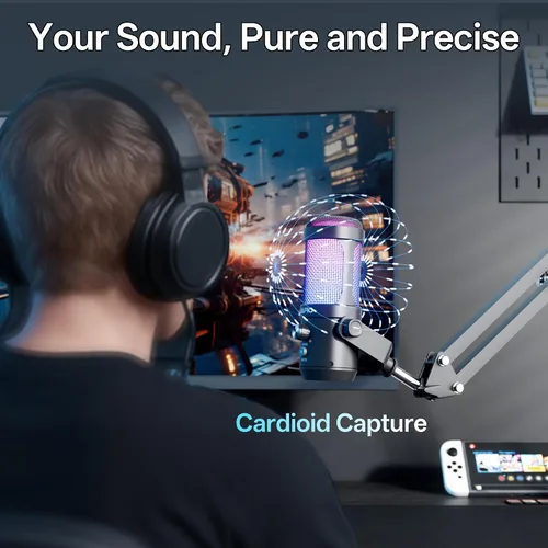 Vista 2 de JARO Micrófono USB para podcast con brazo de brazo, micrófono de condensador de estudio con monitoreo en tiempo real, silencio, control de volumen