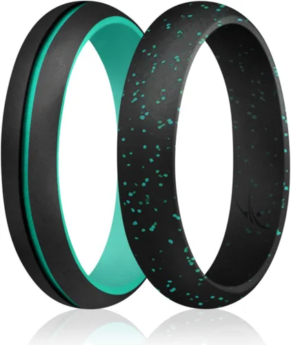 Vista 2 de ROQ - Anillo de boda de silicona para mujer, delgado apilable, bisel en forma de cuchillo, 2.5 mm de ancho, 2 mm de grosor, negro, mármol Blanco