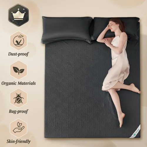 Vista 2 de Protector de colchón negro jacquard 100% impermeable tamaño individual, silencioso, antideslizante, transpirable, rayón de bambú, acolchado, sábana