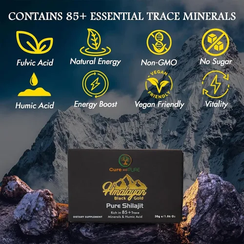 Vista 3 de Cure wid Pure Shilajit del Himalaya para hombres y mujeres – 94.5% de resina de ácido fúlvico, 500 mg 60 porciones – Adaptógeno orgánico probado