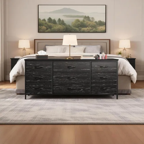Vista 3 de EnHomee Cómoda para dormitorio, soporte de TV de 9 cajones para TV de 55 o 60 pulgadas, gran centro de entretenimiento, cómoda ancha para armario