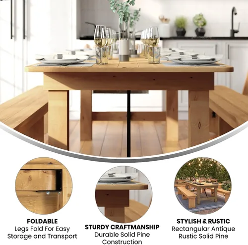 Vista 4 de Flash Furniture HERCULES - Mesa de granja plegable rectangular de pino macizo rústico antiguo de 8' x 40", color natural claro Grado comercial