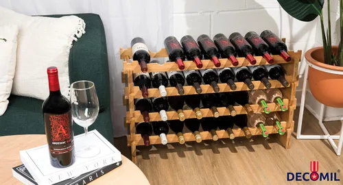 Vista 8 de DECOMIL - Estante de vino grande para 36 botellas, estante apilable y modular para almacenamiento de vino, estantes de exhibición de bambú sólido