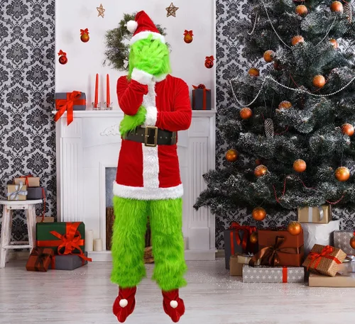 Vista 5 de Christmas Green Big Monster Costume -8pcs Furry Santa Costume Suit Furry Outfit Adult Men and Women
