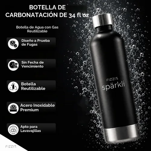 Vista 2 de FIZZIT Botella de Carbonatación de Acero Inoxidable Negro Compatible con Algunos Fabricantes de Soda Botella de Agua con Gas Reutilizable, Apta