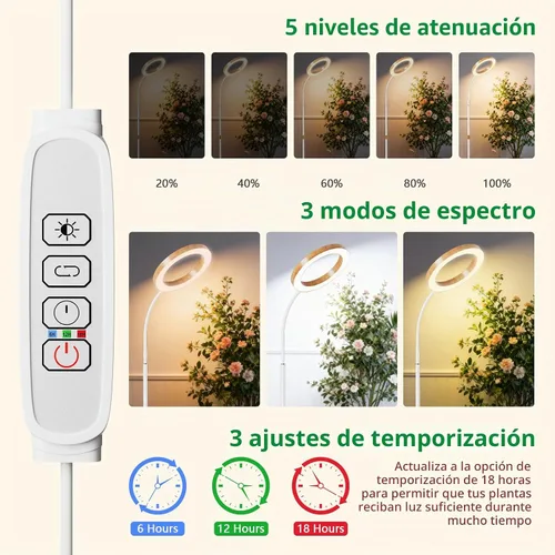 Vista 5 de SDOVUERC Luz de crecimiento de espectro completo con soporte para plantas de interior, luz de plantas de suelo, temporizador de 6/12/18H, 3 modos