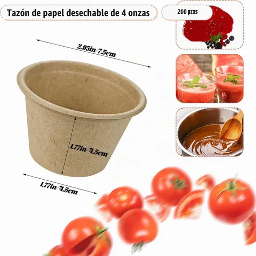 Vista 3 de 200 cuencos de papel biodegradables naturales de caña de azúcar de 4 onzas, cuencos de papel compostables para ensalada, sopa caliente, pasta