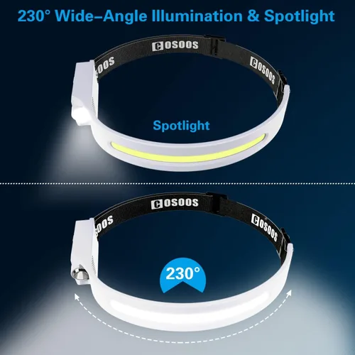 Vista 2 de COSOOS Linterna LED recargable, linterna brillante para exteriores de 1000 lúmenes, haz ancho y luz puntual, sensor de movimiento, diadema ligera