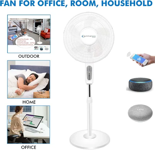 Vista 5 de Technical Pro Ventilador de pedestal oscilante inteligente, 3 velocidades portátil de 16 pulgadas, ventilador de pie habilitado para WIFI, altura
