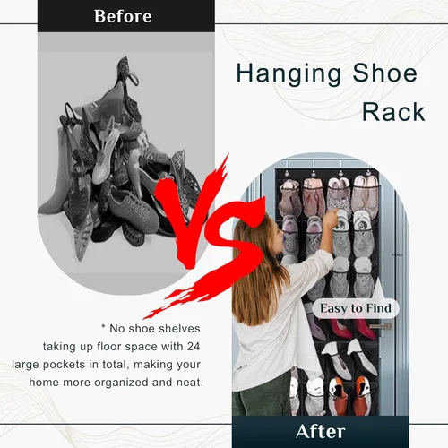 Vista 4 de Organizador de zapatos para colgar sobre la puerta, 24 bolsillos extra grandes, para almacenamiento en armario, organizador de zapatos colgante