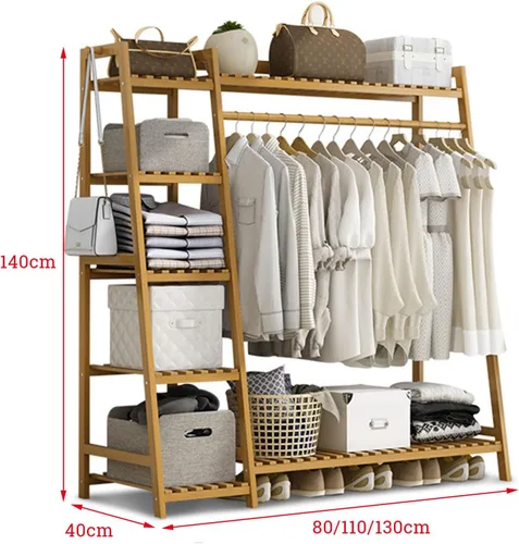 Vista 2 de Perchero de bambú para ropa, con estantes de almacenamiento y ganchos, organizador de almacenamiento de ropa abierto para entrada, dormitorio, sala