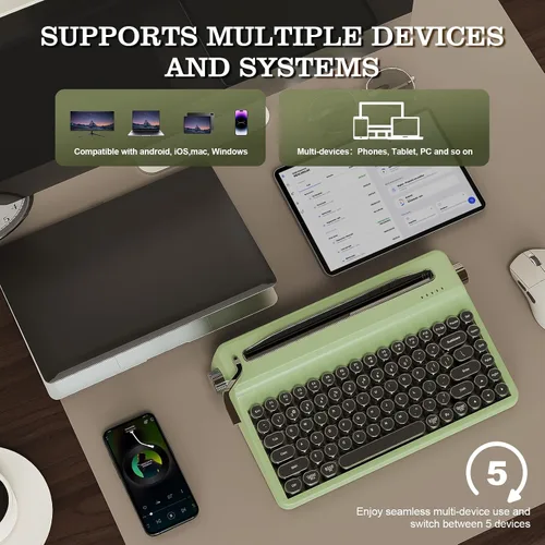 Vista 5 de YUNZII QL75 Wireless Typewriter Retro Mechanical Keyboard(Green, Cocoa Cream V2 Switch),Spring Tea Keycap Cherry(Cherry Profile, Spring Tea)