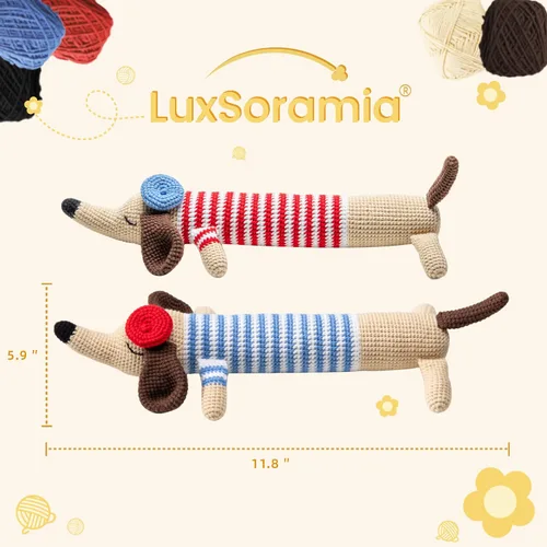 Vista 5 de luxSoramia Kit de ganchillo para principiantes, kit de 2 piezas de perro salchicha para principiantes con tutoriales en video paso a paso, kit