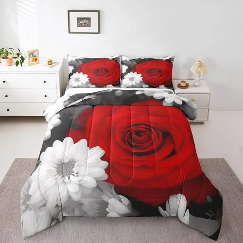 Vista 8 de Juego de edredón de rosas rojas, tamaño individual, juego de ropa de cama floral rojo degradado negro para niñas, mujeres, niños, adolescentes