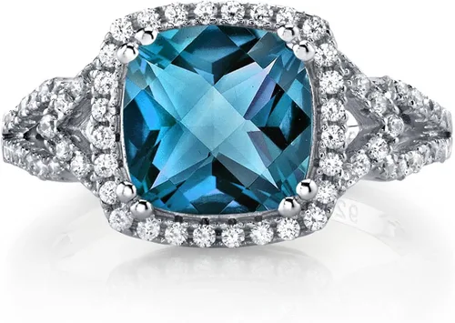 Vista 2 de Peora Anillo solitario con halo de topacio azul Londres para mujer, plata de ley 925, piedra natal de piedras preciosas naturales, corte cojín