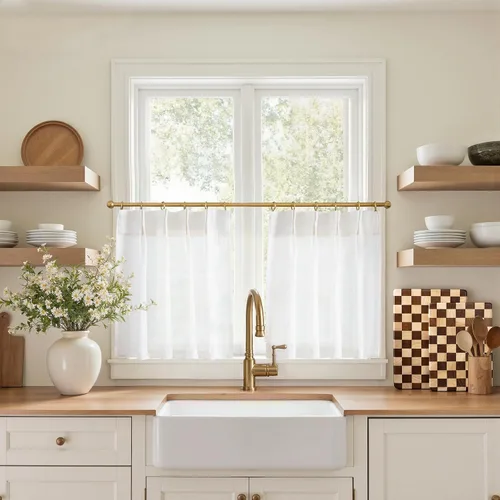 Vista 52 de Jinchan - Cortinas de cocina de lino rústico beige con bolsillo para barra, 26 x 36 pulgadas, 2 paneles