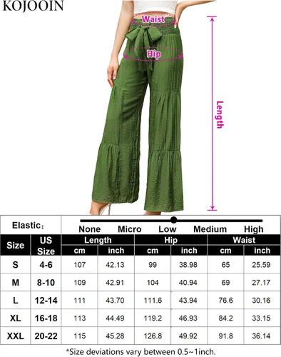 Vista 6 de KOJOOIN Pantalones de pierna ancha para mujer, cintura alta, elásticos, holgados, dobladillo con volantes, casuales, para playa, palazzo