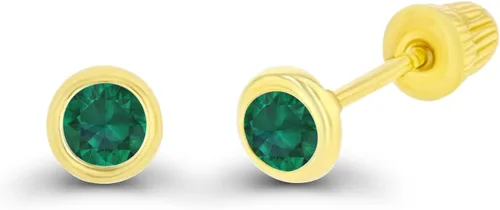 Vista 2 de Aretes de tuerca de oro macizo de 14 quilates, hipoalergénicos, de 0.118 pulgadas, redondo, con bisel de piedra natal auténtica, con cierre