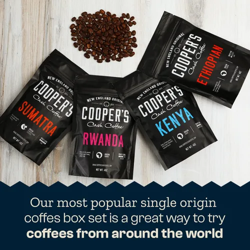 Vista 2 de Juego de caja de regalo de muestra de café gourmet, granos de café tostados, Sumatra Dark, Kenia AA medio oscuro, Ruanda Mediana, Luz etíope