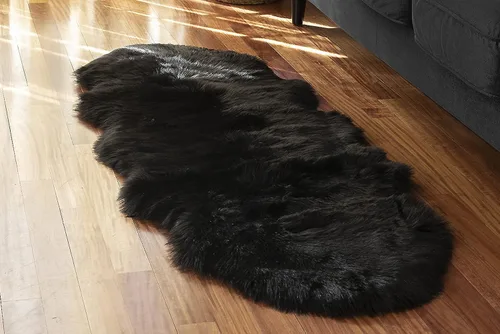 Vista 13 de Alfombra de piel sintética suave y sedosa, 2 x 3 pies, alfombra negra esponjosa, alfombra de piel de oveja, alfombra lanuda para sala de estar