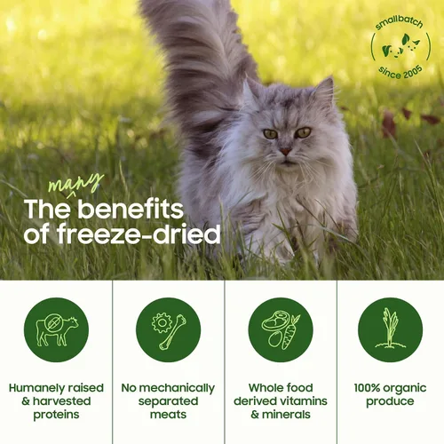 Vista 3 de smallbatch Alimento crudo liofilizado para gatos, bocados de alimentos estables en conservación, receta de carne, comida o adorno alto en proteínas
