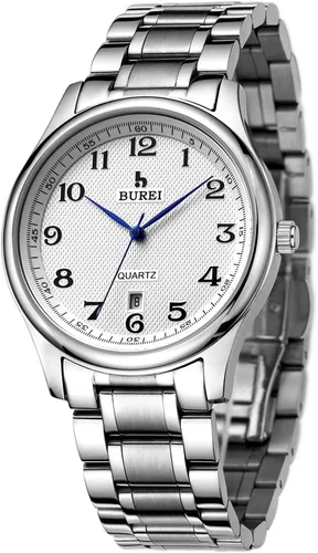 Vista 2 de BUREI Reloj de cuarzo para hombre con números arábigos simples y correa de acero inoxidable
