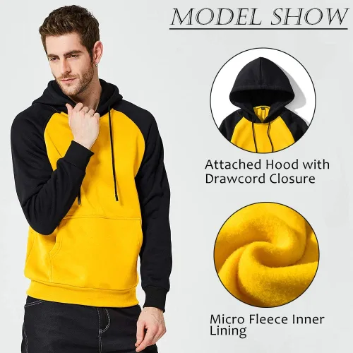 Vista 4 de Sudadera con manga larga estilo raglán en contraste, con forro polar, con capucha y bolsillo tipo canguro, para hombre