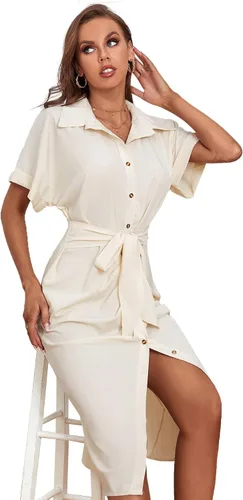 Vista 5 de LYANER Vestido midi de manga corta fruncido con cuello abotonado para mujer
