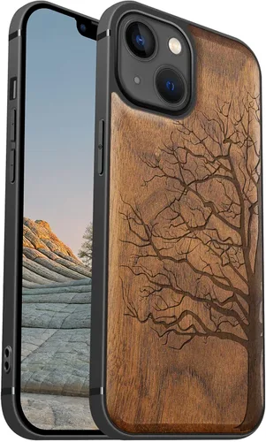 Vista 21 de Carveit Funda magnética de madera para iPhone 13 [madera real dura y TPU suave] Funda protectora híbrida de madera única y elegante a prueba