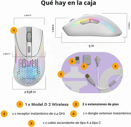 Vista 8 de Glorious Gaming - Mouse ergonómico inalámbrico modelo D 2, superligero 2.33 oz, hasta 210 horas de duración de la batería, sensor óptico de 26 K, 6