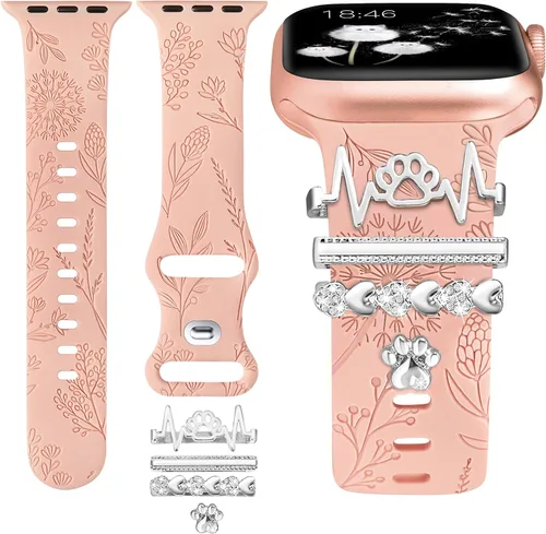 Vista 9 de Minyee Compatible con Apple Watch Banda con Encantos para Mujeres 41mm 40mm 38mm 42mm 44mm 45mm 49mm Anillos Decorativos en Forma de Flor