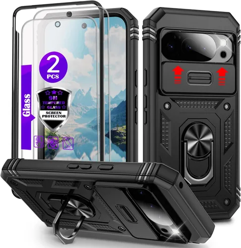 Vista 10 de Funda para Pixel 9 Pro XL con cubierta deslizante para cámara, 2 protectores de pantalla de vidrio templado, soporte de anillo giratorio de 360°