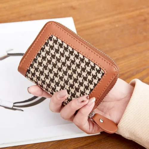 Vista 4 de Tarjetero de tarjetas de crédito con cremallera para mujer bloqueo RFID fundas para tarjetas de visita para mujer marrón