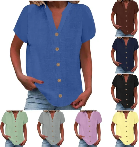Vista 20 de Camisetas de verano para mujer, de manga corta, pétalos, de lino, con bolsillo, casual, con botones, blusas básicas