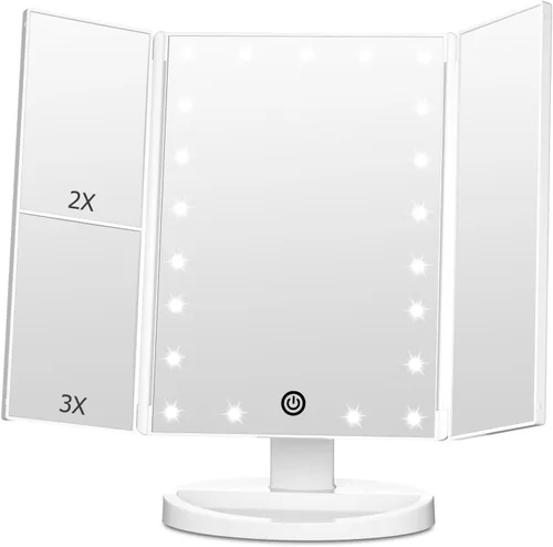 Vista 9 de FASCINATE Espejo de maquillaje iluminado, 21 luces LED brillantes, espejo de tocador tríptico LED con aumento 3x/2x/1x, control táctil de brillo