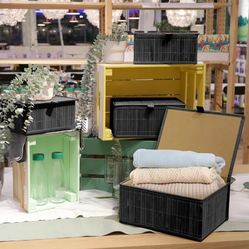 Vista 7 de Cesta de mimbre con tapa, caja de almacenamiento de bambú para estantes, cajas de almacenamiento de bambú con tapas, cesta decorativa rectangular
