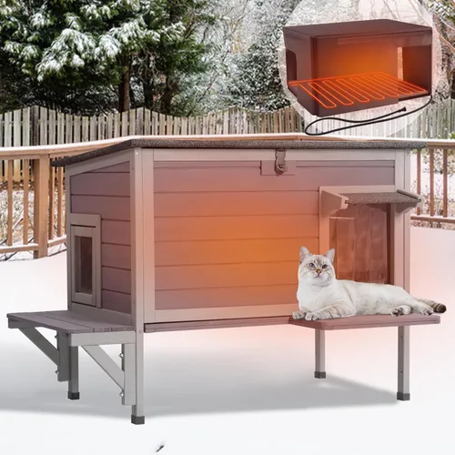 Vista 7 de GUTINNEEN Casa climatizada para gatos al aire libre, resistente a la intemperie, refugio grande para gatos con forro 100% aislado para múltiples