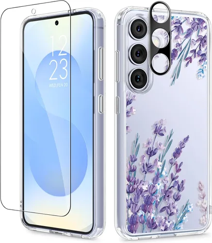 Vista 30 de GVIEWIN Funda protectora para Samsung Galaxy S25, transparente floral, delgada, a prueba de golpes, para mujer, no se pone amarilla, con protector