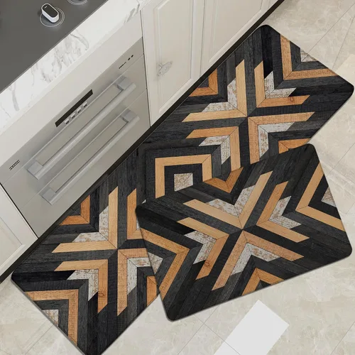 Vista 7 de Tyrot Alfombras de cocina negras estilo boho azteca, juego de 2 tapetes acolchados antifatiga, alfombras de espuma de estilo occidental para cocina