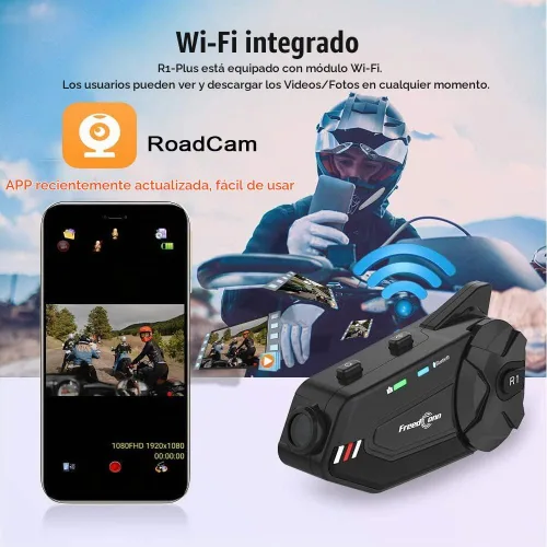 Vista 4 de FreedConn R1plus - Casco de motocicleta con Bluetooth e intercomunicador con cámara 1080P y radio FM 1000 M.