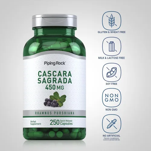 Vista 3 de Piping Rock Cápsulas de Cascara Sagrada 450mg 250 pastillas Suplemento de hierbas Sin OMG, sin gluten