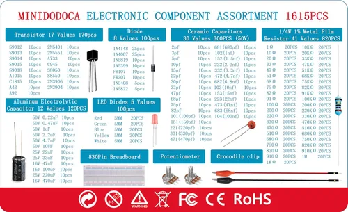 Vista 2 de Kit de componentes electrónicos Total 1615 piezas, tabla de pruebas, clip de cocodrilo, diodos LED, resistencias de película metálica, paquete