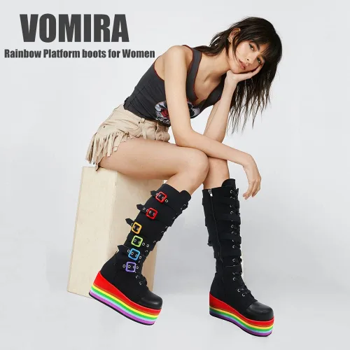 Vista 2 de VOMIRA Botas de combate de plataforma para mujer punta redonda góticas punk con cordones botas de motocicleta impermeables de tacón alto de media