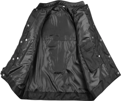 Vista 2 de Jackets 4 Bikes SOA Chaleco de Motocicleta para Hombre, Cuero Genuino de Búfalo, Armadura Trasera, Bolsillos Interiores, Chalecos de Club de Negro