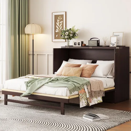 Vista 3 de Cama Murphy de tamaño queen, cama de madera de pino con decoración y cajón de ratán, color espresso