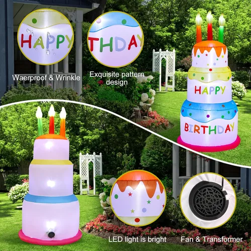 Vista 7 de Pastel inflable de feliz cumpleaños de 6 pies con velas, luces LED integradas, adecuado para decoración de césped en interiores y exteriores