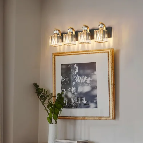 Vista 8 de Lámpara Moderna de Tocador de Baño, Luminarias de Baño de 4 Luces Negro Dorado Sobre Espejo, Aplique de Pared de Cristal de 28.4